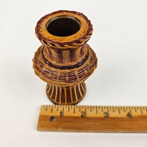 Shanghai Handicrafts Miniature Vase Woven Wicker Rattan Bamboo Basket Vtg Label - Picture 7 of 9